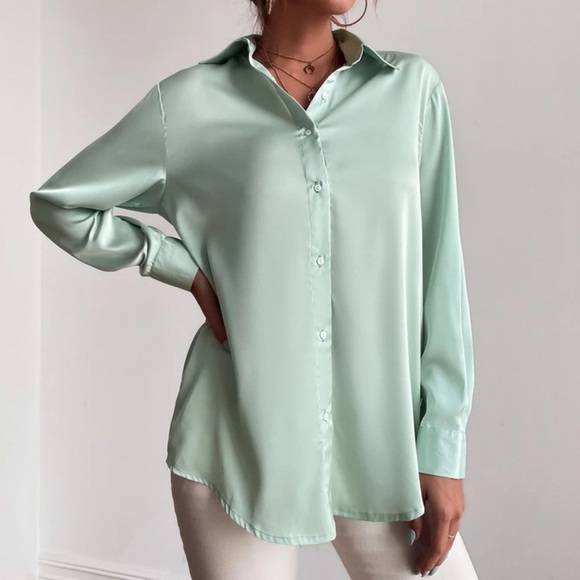Satin silky button up collared shirt sage green - Picture 9 of 12